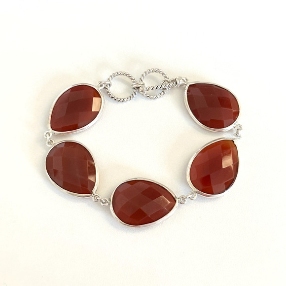 925 Sterling Silver Genuine Carnelian Faceted Teardrop Chain Link Bracelet 7" - Picture 2 of 10